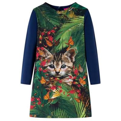Kinderjurk met lange mouwen kattenprint 92 marineblauw