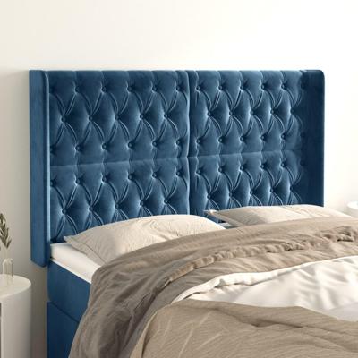 Hoofdbord met randen 163x16x118/128 cm fluweel donkerblauw