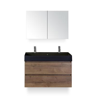 Maxx XL Badmeubelset 100 cm - Tabacco - Wastafel Kube Zwart 2 kraangaten - met Spiegelkast