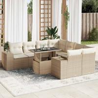 9-delige Loungeset met kussens poly rattan beige - thumbnail