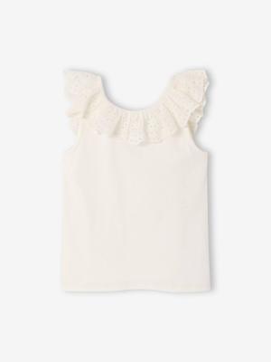 Mouwloze sweater met ruches van Engels borduursel voor meisjes ecru Mouwloze sweater met ruches van Engels borduursel voor meisjes ecru