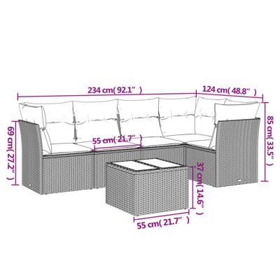 6-delige Loungeset met kussens poly rattan beige