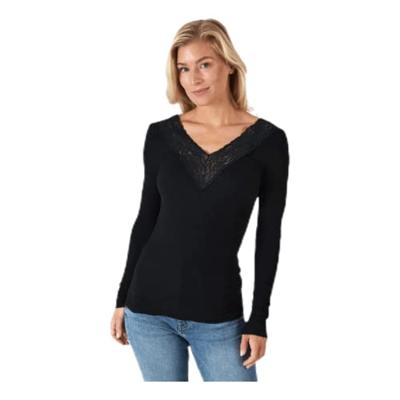 Dames shirt Kant lange mouw - Siri - Zwart Viscose dames ondershirt lange mouw - thumbnail