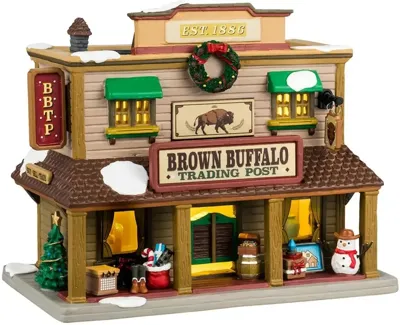Lemax brown buffalo trading post verlicht kersthuisje Vail Village 2024