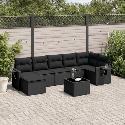 8-delige Loungeset met kussens poly rattan zwart