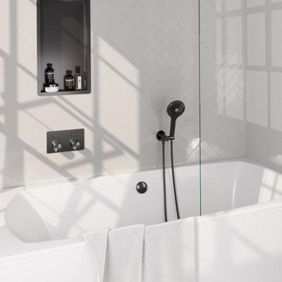 Brauer Stripe thermostatische inbouw badkraan met drukknoppen SET 04 met badvulcombinatie en 3-standen handdouche en doucheslang en wandaansluitbocht gunmetal geborsteld PVD
