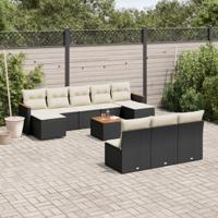 10-delige Loungeset met kussens poly rattan zwart - thumbnail