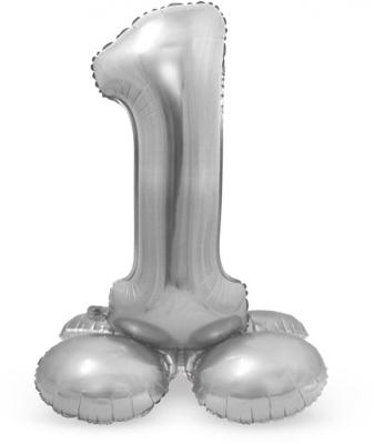 Zilverkleurig Folieballon Cijfer 1 Op Standaard (72 cm)