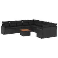 11-delige Loungeset met kussens poly rattan zwart - thumbnail