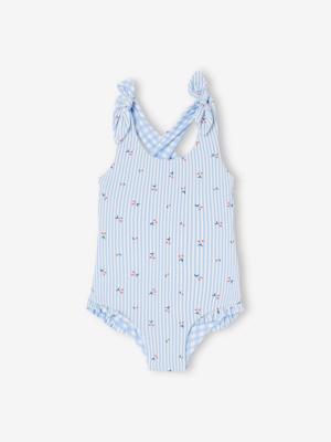 Omkeerbaar badpak babymeisje/streepjes en bloemen hemelsblauw