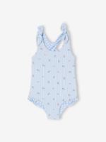 Omkeerbaar badpak babymeisje/streepjes en bloemen hemelsblauw - thumbnail