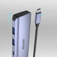 UNITEK Aluminium 4-in-1 USB 3.2 Gen1 gegevensoverdracht 5 Gbps geïntegreerde kabel 15 cm met USB-C stekker 4 poorten 2xUSB-C 2xUSB-A plug and play kleur space grijs aanbevolen voor Macbooks - thumbnail