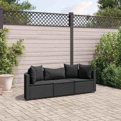 3-delige Loungeset met kussens poly rattan zwart - thumbnail