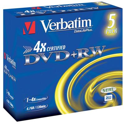 Verbatim 43229 DVD+RW disc 4.7 GB 5 stuk(s) Jewelcase Herschrijfbaar, Mat zilver oppervlak