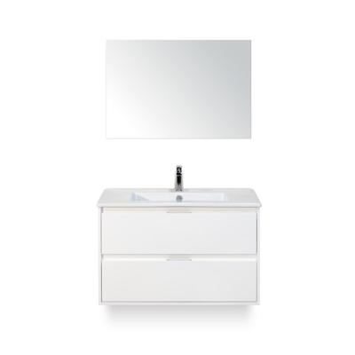 Porto Badmeubelset 90 cm - Wit Hoogglans - Keramische Wastafel Wit Slim - met Spiegel