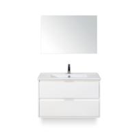 Porto Badmeubelset 90 cm - Wit Hoogglans - Keramische Wastafel Wit Slim - met Spiegel - thumbnail