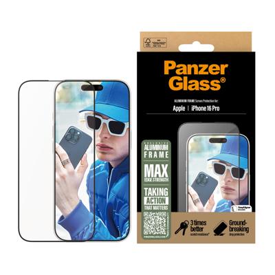 PanzerGlass Aluminium frame schermbeschermer voor Apple iPhone 16 Pro 6,3 inch 2024 | Versterkte hoeken voor maximale valbescherming, rand tot rand dekking, krasbestendig, eenvoudig te installeren -