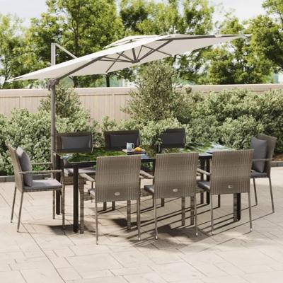 9-delige Tuinset met kussens poly rattan zwart en grijs