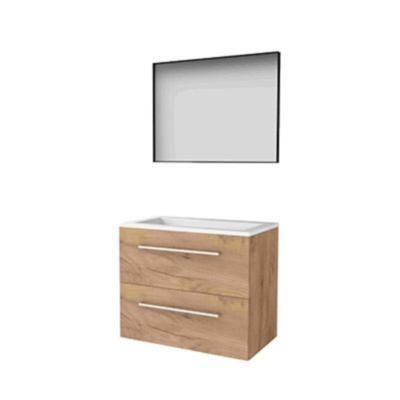 Basic-Line Framed 46 Badkamermeubelset - 80 x 46 cm - Met Grepen - 2 Lades - Acryl Wastafel - 1 Kraangat - Spiegel met Zwart Aluminium Frame - Whisky Oak