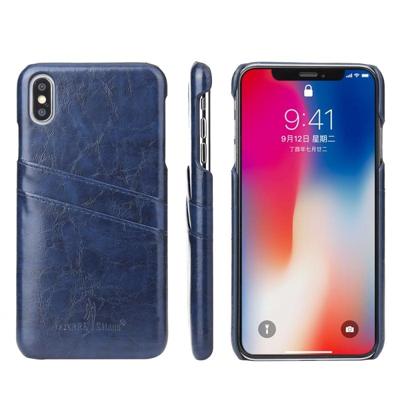 Fierre Shann retro olie Wax textuur PU lederen draagtas voor iPhone XS Max met kaartsleuven (blauw)