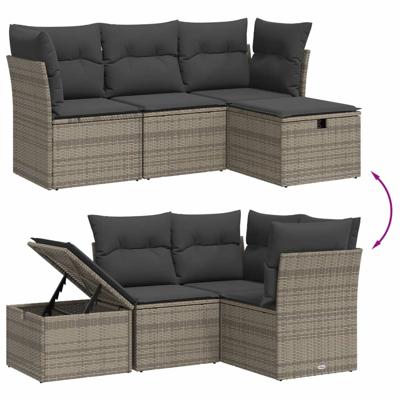 4-delige Loungeset met kussens poly rattan grijs - thumbnail
