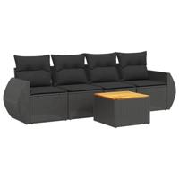 5-delige Loungeset met kussens poly rattan zwart - thumbnail