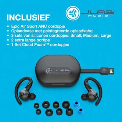 JLab Audio Epic Air Sport Hoofdtelefoons oorhaak, In-ear Bluetooth Zwart