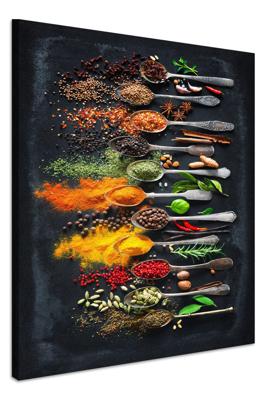 Schilderij - Kruiden en Specerijen op een donkere achtergrond, Wanddecoratie