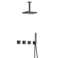 Hotbath Gal - Inbouw Regendoucheset - Geborsteld Gunmetal PVD - 2 Stopkranen - Thermostatisch - Plafondbuis 15 cm - Hoofddouche 220 mm - Staafhanddouche - V02 - thumbnail