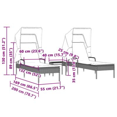Ligbedden 2 st met luifels en tafel poly rattan lichtgrijs - thumbnail