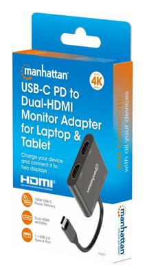 Manhattan USB 2.0 Adapter [1x USB-C stekker - 4x HDMI-bus, USB 2.0 bus A, USB-C bus (Power Delivery)] 15 cm 4K UHD, Stekker past op beide manieren, Met laadbus