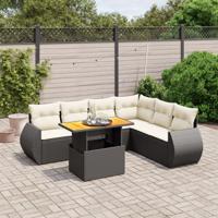 7-delige Loungeset met kussens poly rattan zwart - thumbnail