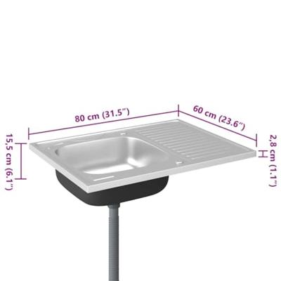 VidaXL Gootsteen met afvoerset 800x600x155 mm roestvrij staal zilver