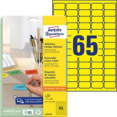 Etiket avery l4793-20 38.1x21.2mm geel 1300st