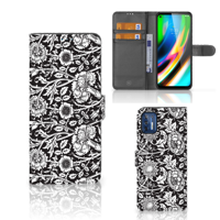 Motorola Moto G9 Plus Hoesje Black Flowers | Portemonnee hoesje - thumbnail