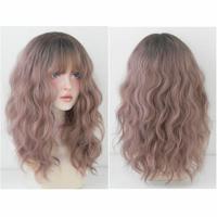 Vrouwen wol lang haar met pony natuurlijke pluizige pruik kleur: roze bruin (brown op top) 54CM - thumbnail