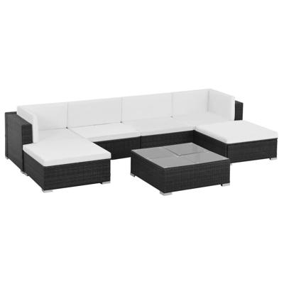 7-delige Loungeset met kussens poly rattan zwart