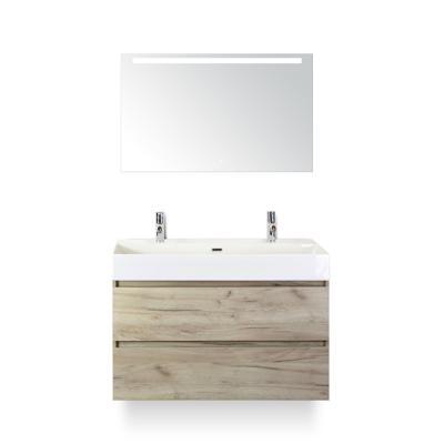 Maxx XL Badmeubelset 100 cm - Craft Oak - Wastafel Kube 2 kraangaten - met Sence Spiegel