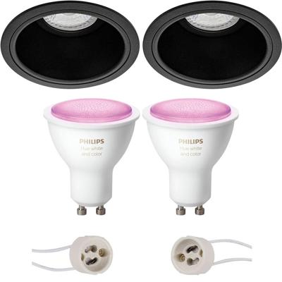GU10 Inbouwspot Set - Mat Zwart - Inbouw Rond - Verdiept - Philips Hue - White and Color Ambiance - Bluetooth - Pragmi Minko Pro - Ø90mm