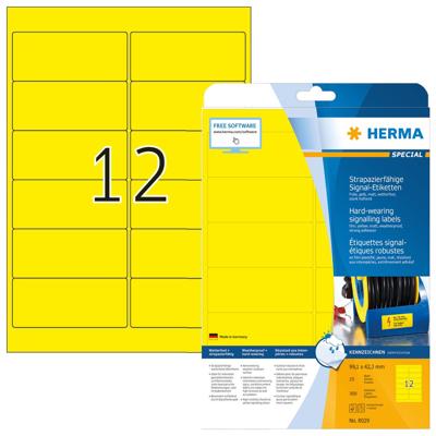 Herma 8029 Signaaletiketten 99.1 x 42.3 mm Polyester folie Geel 300 stuk(s) Extra sterk hechtend Laser (zwart/wit), Laser (kleur), Kopiëren (zwart/wit),