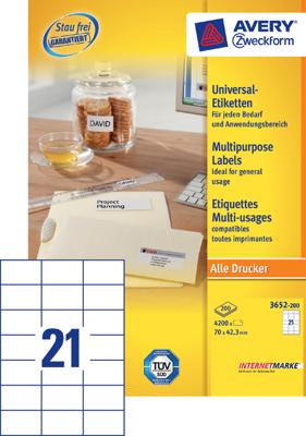 Avery Zweckform 3652, Universele etiketten, Ultragrip, wit, 200 vel, 21 per vel, 70 x 42,3 mm