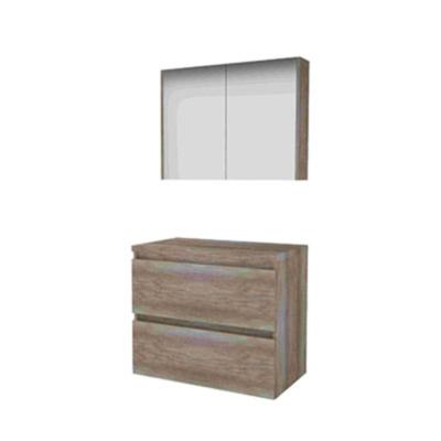 Basic-Line Comfort 46 Badkamermeubelset - 80 x 46 cm - Greeploos - 2 Lades - Wastafelblad - Spiegelkast - Scotch Oak