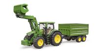 John Deere 7R 350 met voorlader en trailer van Bruder - thumbnail