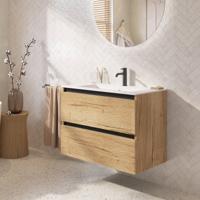 Saqu Gaia badmeubel incl. glans witte keramische wastafel 80x51x61cm eiken marcato - zwarte greeplijst - thumbnail