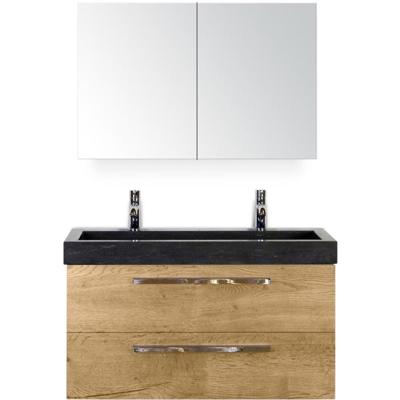 Seville Badmeubelset 100 cm - Natuur Eiken - Wastafel Hardsteen Wit Lucca 2 Kraangaten met Spiegelkast
