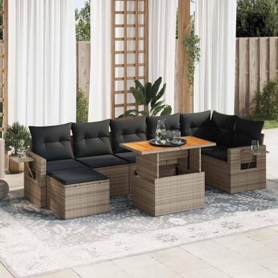 8-delige Loungeset met kussens poly rattan grijs