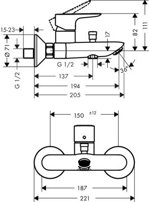 Hansgrohe Talis E badkraan met omstel en koppelingen chroom 71740000 Hansgrohe Talis E badkraan met omstel en koppelingen chroom 71740000