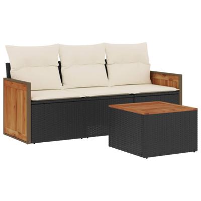 3-delige Loungeset met kussens poly rattan zwart - thumbnail