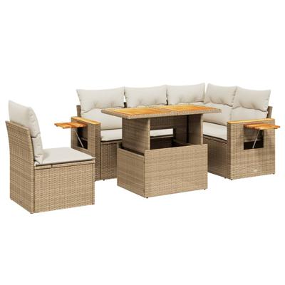 6-delige Loungeset met kussens poly rattan beige