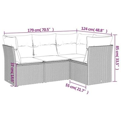 4-delige Loungeset met kussens poly rattan grijs